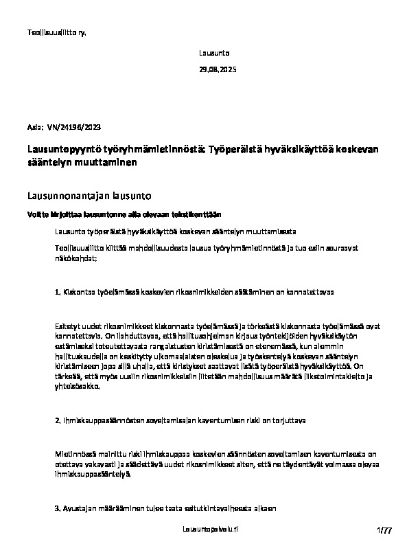 Teollisuusliiton lausunto työryhmämietinnöstä: Työperäistä hyväksikäyttöä koskevan sääntelyn muuttaminen (VN/24196/2023)